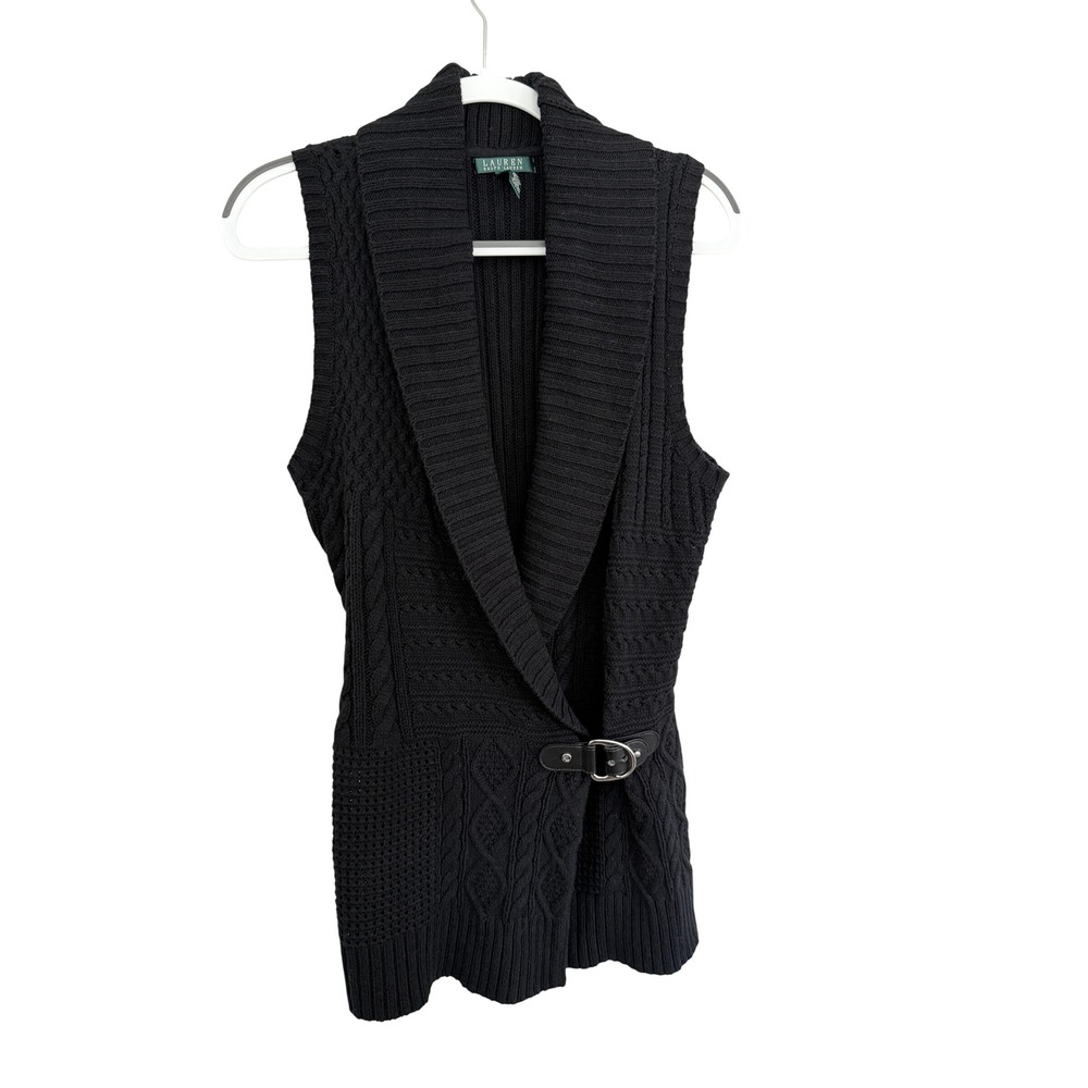 Lauren Ralph Lauren Black Sleeveless Cable Knit Sweater Vest Shawl Collar Size L